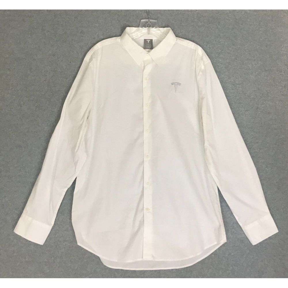 Tesla Motors Dress Shirt Mens Large White Long Sleeve Button Up Embroidered Logo